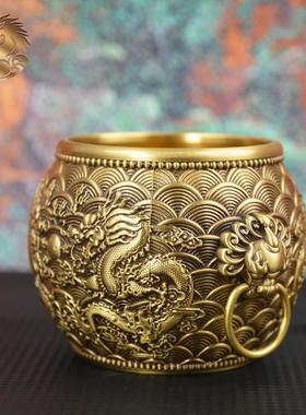 宏达黄全铜二雕龙戏珠铜缸家居玄双环龙纹浮关狮头龙纹缸摆件
