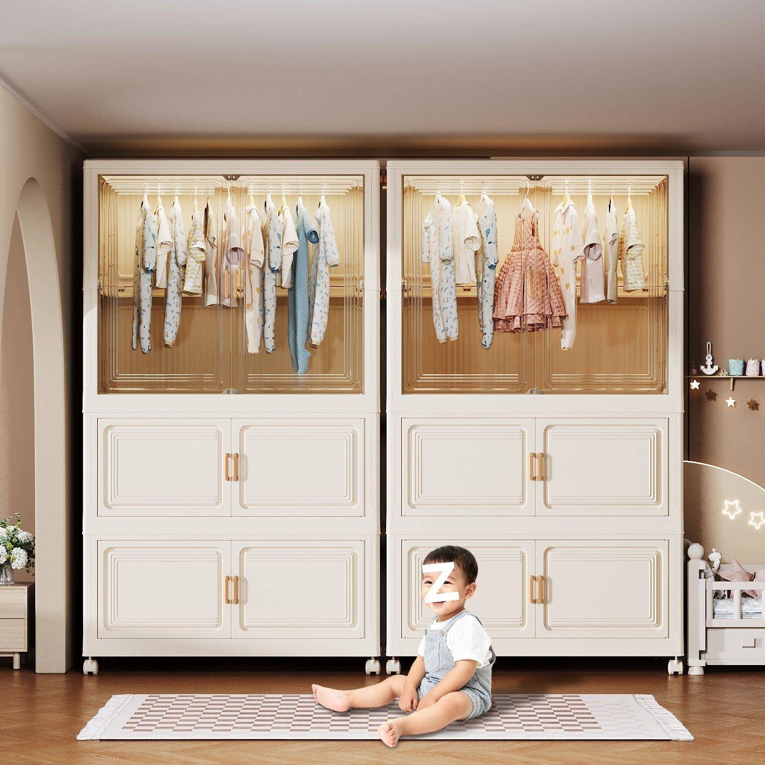 轮折叠收纳柜安装大容量儿童衣免柜物对开门杂物储物柜HDB简约带