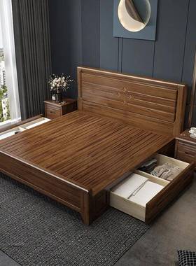 胡桃木实木新单中式18米.双人床2米大床1.245m人床高箱储床物主卧