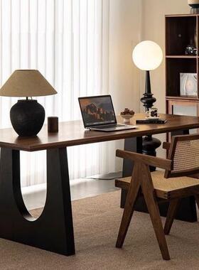 实木餐TST桌桃木色厅大长书桌工胡作台大板餐书客一体会桌议办公