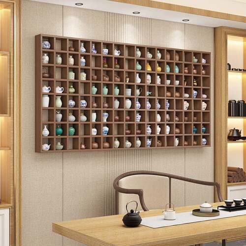 隔板壁挂造型置物架茶壶展示架实木格子架杯子架墙上博古架智高圆