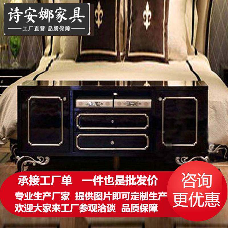 新古典客厅家具黑檀钢琴漆厅柜实木雕花香槟银电视柜