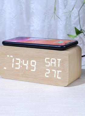 万年历LED电23636充子钟钟无线电时木质星期贪睡闹钟创意无字线充