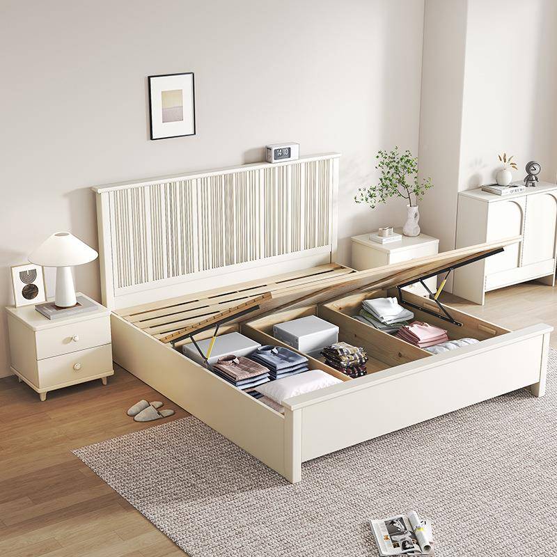 奶油风实木双人白简约8现代卧K1#大床1.m美式轻奢高箱主储物床色