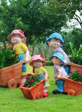 户外花园卡摆6332推车造件庭院装饰栽通人物娃娃盆花缸景园林景观