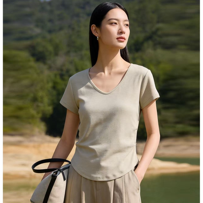 露露酱NN~「大U领」纯色简约轻薄透气短T上衣26107