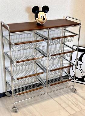 中古小推车AL100449置物架家可移动多能整功理筐榉木用落地层收纳