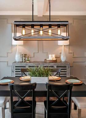 l客otf工业风长方形铁艺吊灯美式复餐古长方形木艺厅厅92596创意