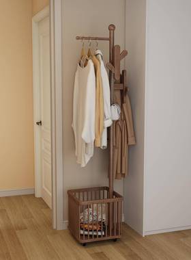 ?实木衣架落地衣帽架卧用篓室衣可移动家房间脏衣挂架多TNU功能挂