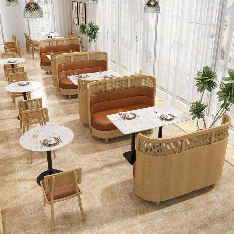 西厅餐厅靠卡座沙发水磨石桌藤编墙椅店商用JMS298饭餐饮餐桌椅组