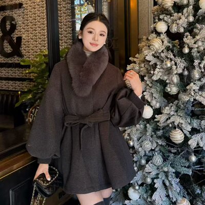 狐狸毛围脖中长款绑带收腰羽绒内胆毛呢外套女2025冬季新款大衣潮