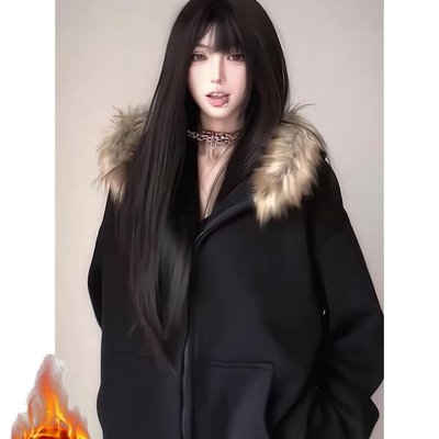 美式复古黑色拉链毛领加绒连帽卫衣外套女宽松显瘦慵懒风薄款上衣