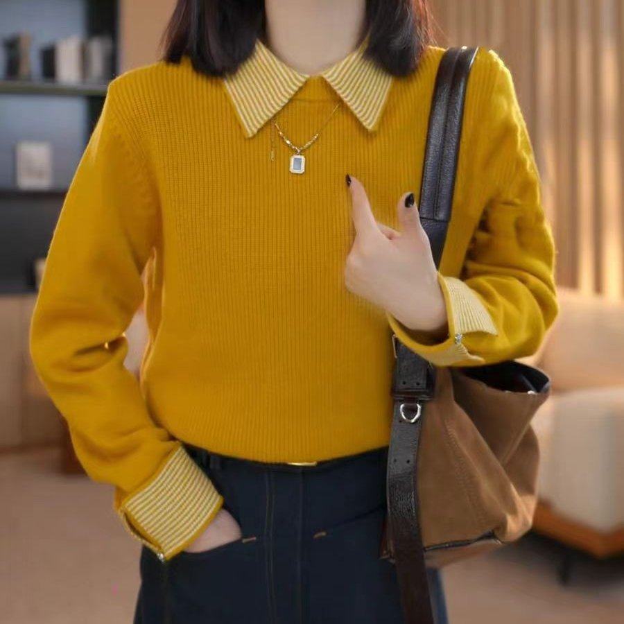 橘色翻领拼接毛衣女秋冬内搭针织衫2025新款慵懒减龄宽松打底上衣