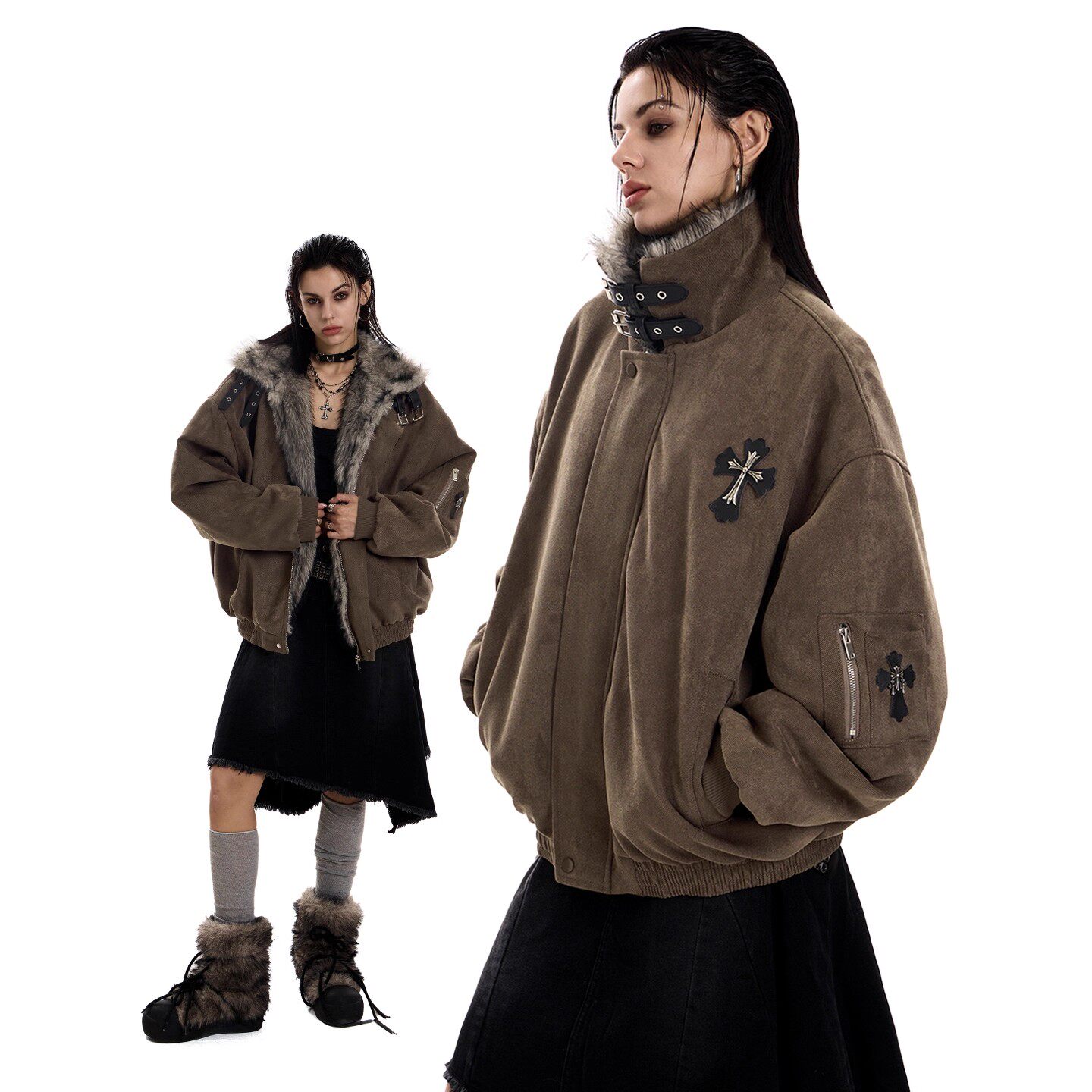 0123start 毛领座山雕棉服外套女十字架加绒加厚夹克冬季新款棉衣