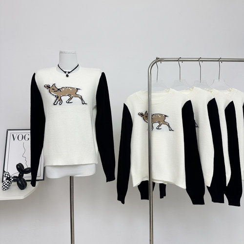 早安樊樊25N圣诞小鹿30.3绵羊毛提花针织上衣女秋冬套头毛衣