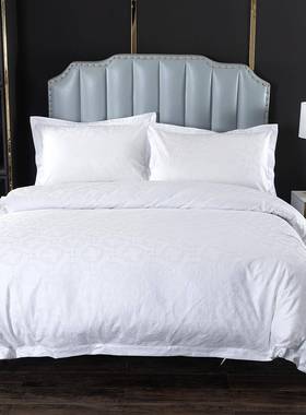 高档宾房馆四件套店床酒品客布JMM草全粉棉贡缎白色米色蓝色色