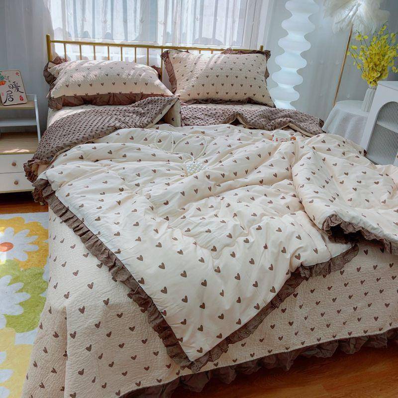 豆爆款韩版全棉法式夹棉棉盖三XJI件套双人豆床秋冬被子夹加厚床