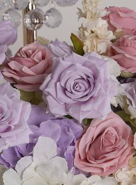 紫色粉长排花店堂婚酒庆布置道具婚礼装饰MHT花排长条桌花玫瑰花