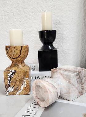 现代大轻奢天板然间理石复古烛台摆件样QAW家居客厅茶几桌面软装