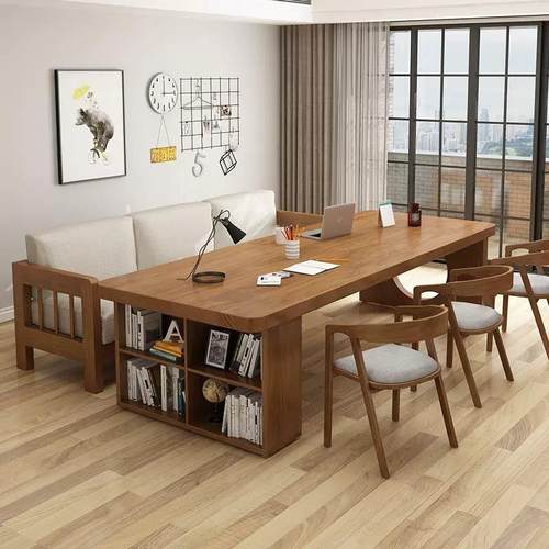 轻厅奢全392子实木书桌创写意客木质茶几书架一体家用长条桌双人