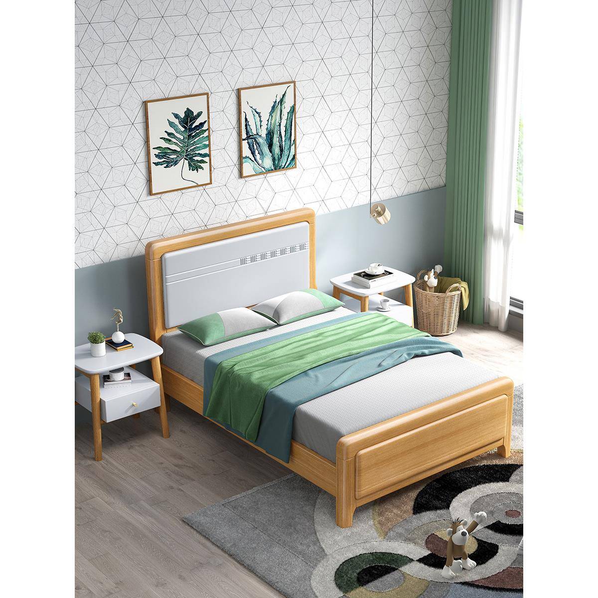 儿代童床双孩床285#榉木卧室小户型简约现实木单人床1.人2米男孩