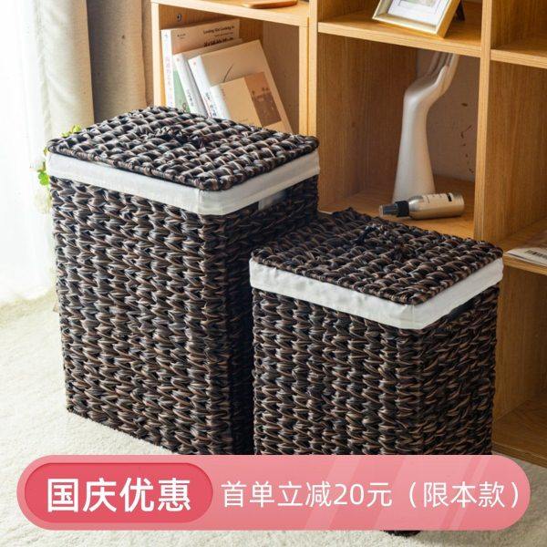 轻奢风欧式藤编脏衣篮带盖布衬长方形洗衣篓高端时尚咖啡棕手编筐