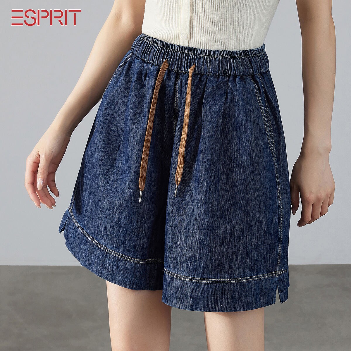 ESPRIT 天丝松紧腰牛仔短裤女2026夏季宽松阔腿遮胯显瘦休闲裤子