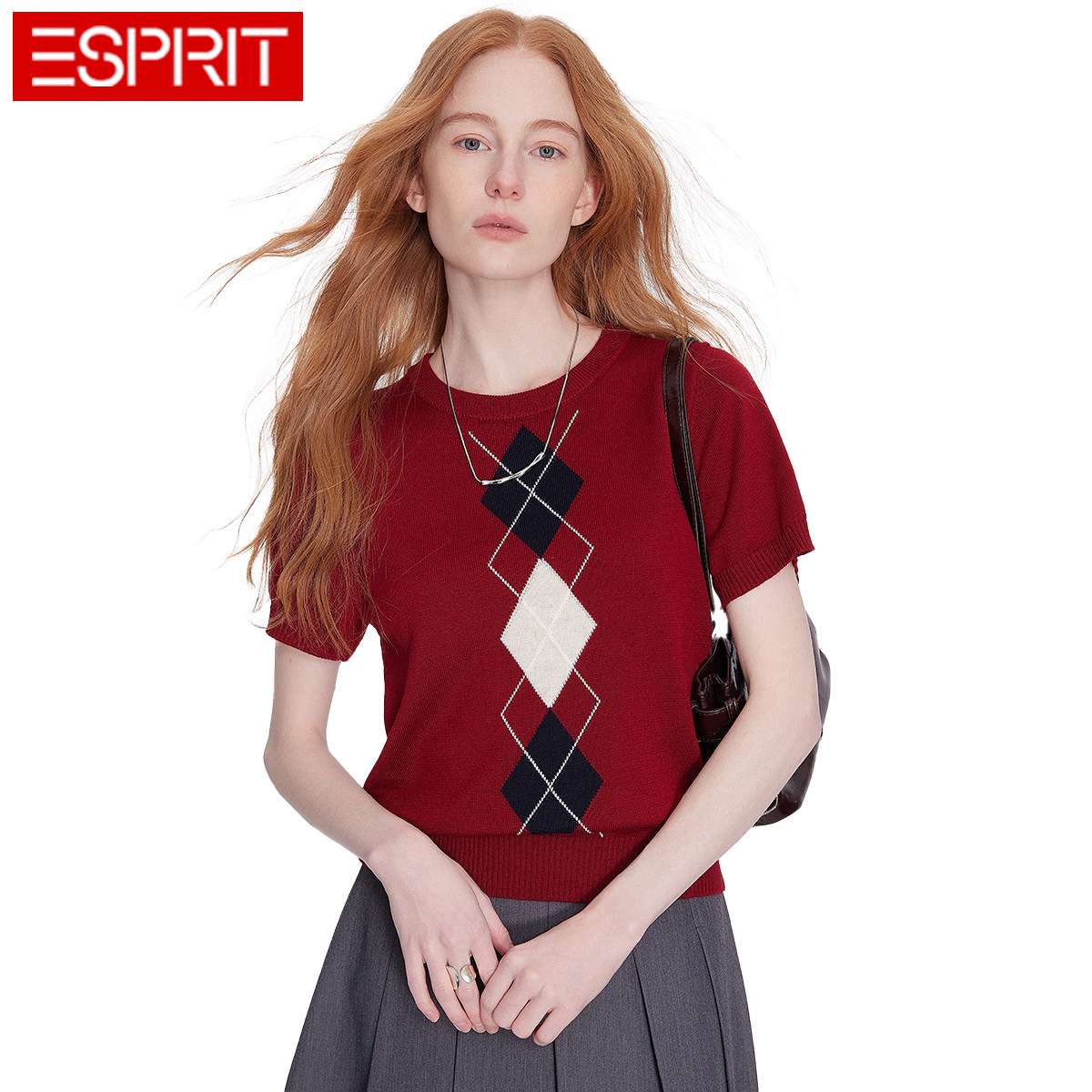 ESPRIT/埃斯普利特复古学院风红色菱格圆领针织短袖女老钱风上衣