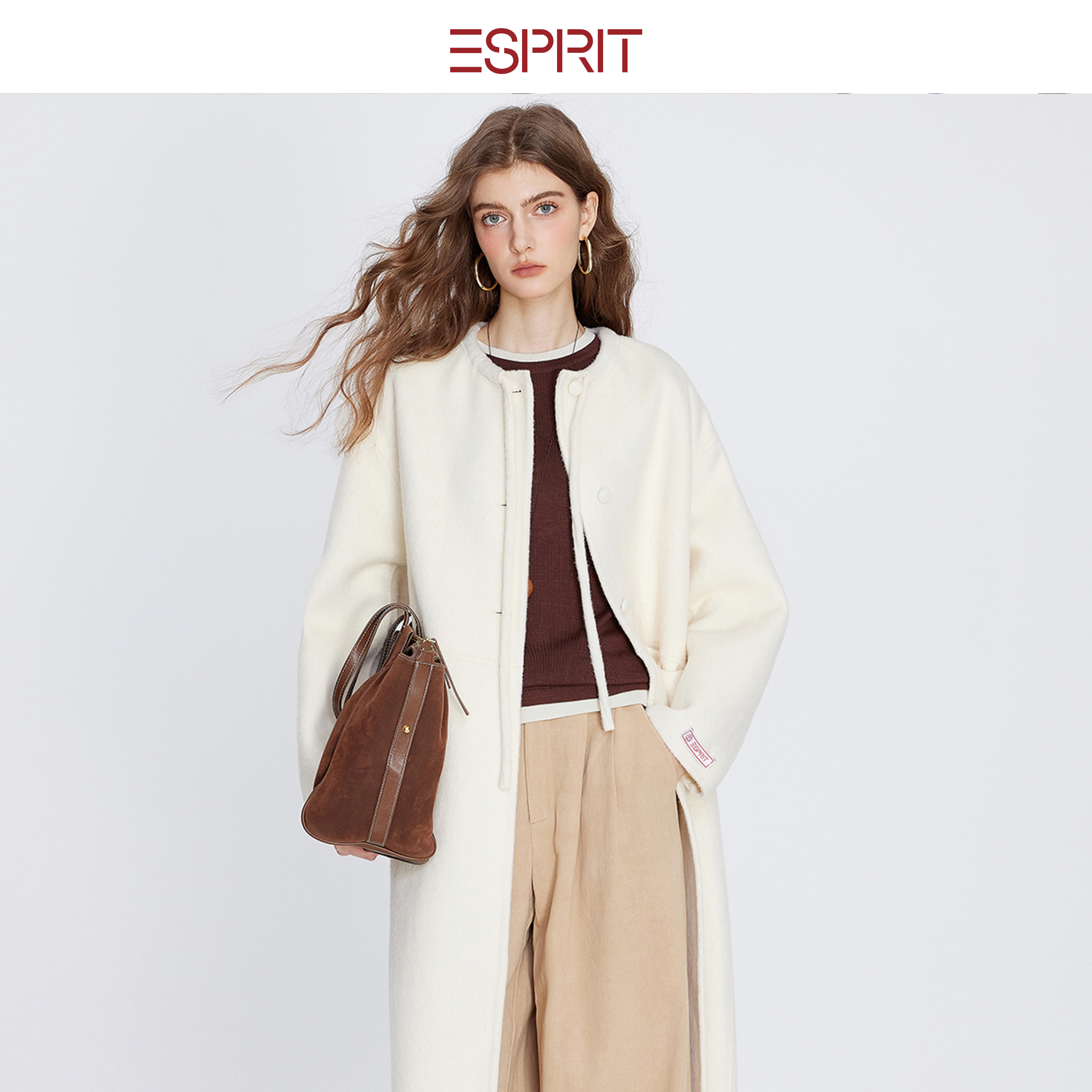 ESPRIT简约风白色毛呢大衣