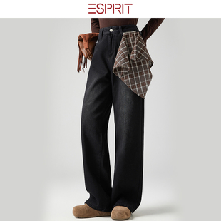 休闲百搭长裤 女宽松显瘦直筒裤 埃斯普利特黑色高腰阔腿裤 ESPRIT