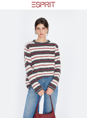 ESPRIT/埃斯普利特学院风圆领条纹羊毛绒衫女长袖宽松显瘦针织衫
