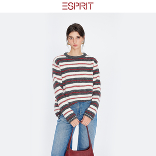 ESPRIT/埃斯普利特学院风圆领条纹羊毛绒衫女长袖宽松显瘦针织衫