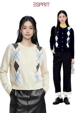 ESPRIT/埃斯普利特学院风菱形格纹针织开衫女复古纽扣毛衣外套