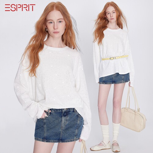 ESPRIT白色宽松慵懒长袖T恤女