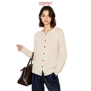 ESPRIT/埃斯普利特100%绵羊毛开衫女圆领针织衫百搭显瘦毛衣外套