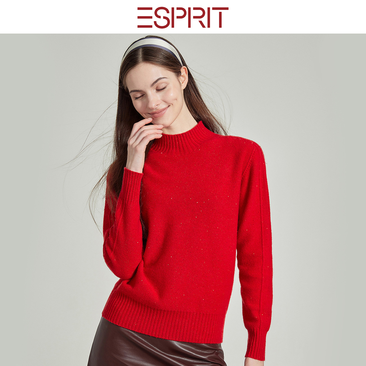 ESPRIT极简红色半高领羊毛衫