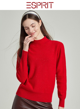 ESPRIT/埃斯普利特极简红色半高领羊毛女秋冬长袖套头毛衣打底衫
