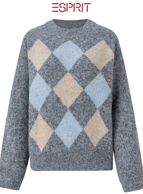ESPRIT/埃斯普利特复古菱格纹套衫撞色几何图案针织羊毛衣祖母风