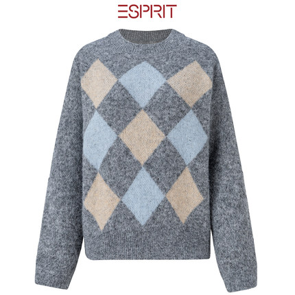 ESPRIT/埃斯普利特复古菱格纹套衫撞色几何图案针织羊毛衣祖母风