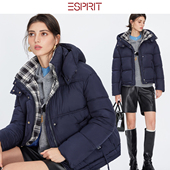 ESPRIT 埃斯普利特复古格纹拼接连帽棉衣冬季 加厚保暖面包服外套
