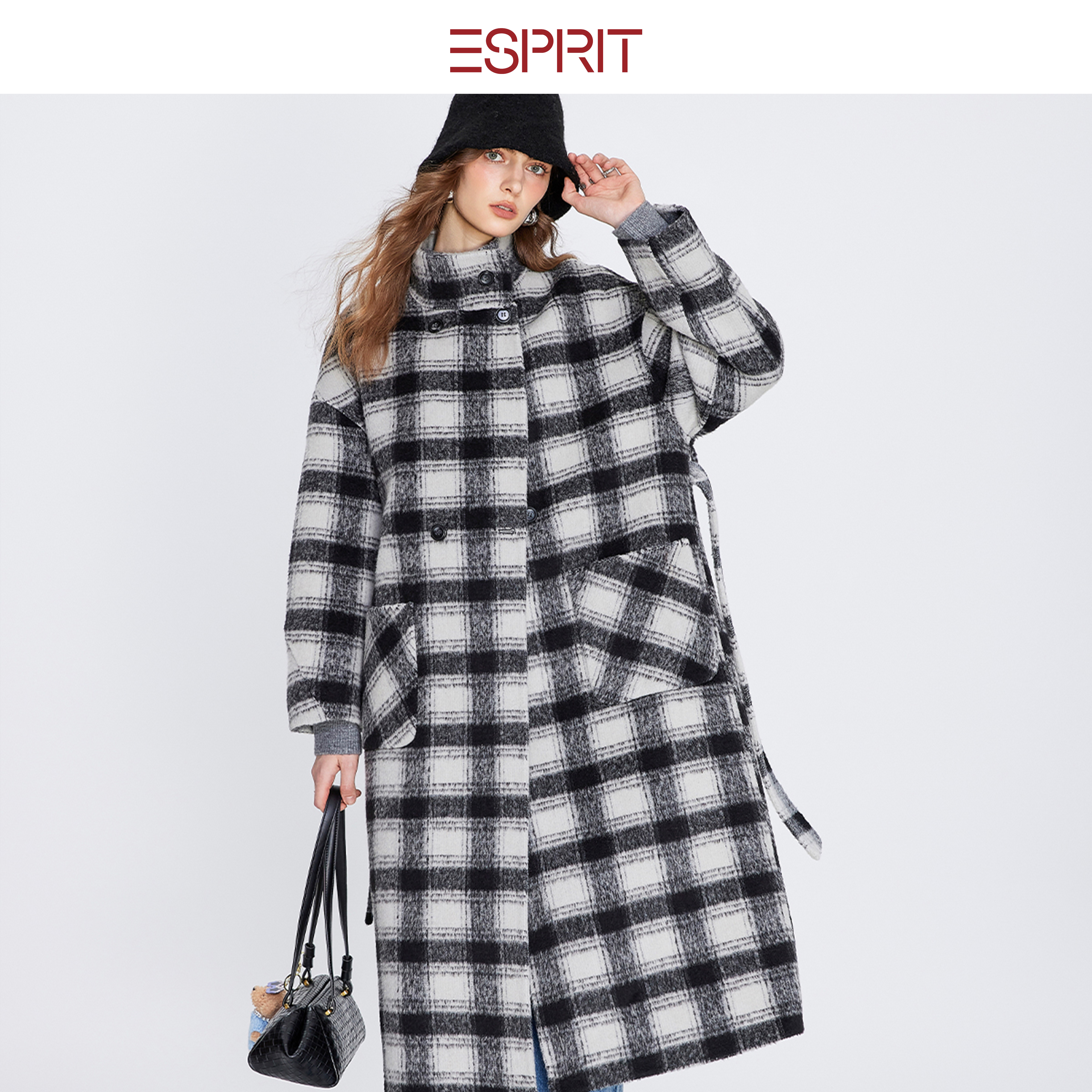 ESPRIT/埃斯普利特复古英伦格子毛呢外套女长款黑白格大衣高级感