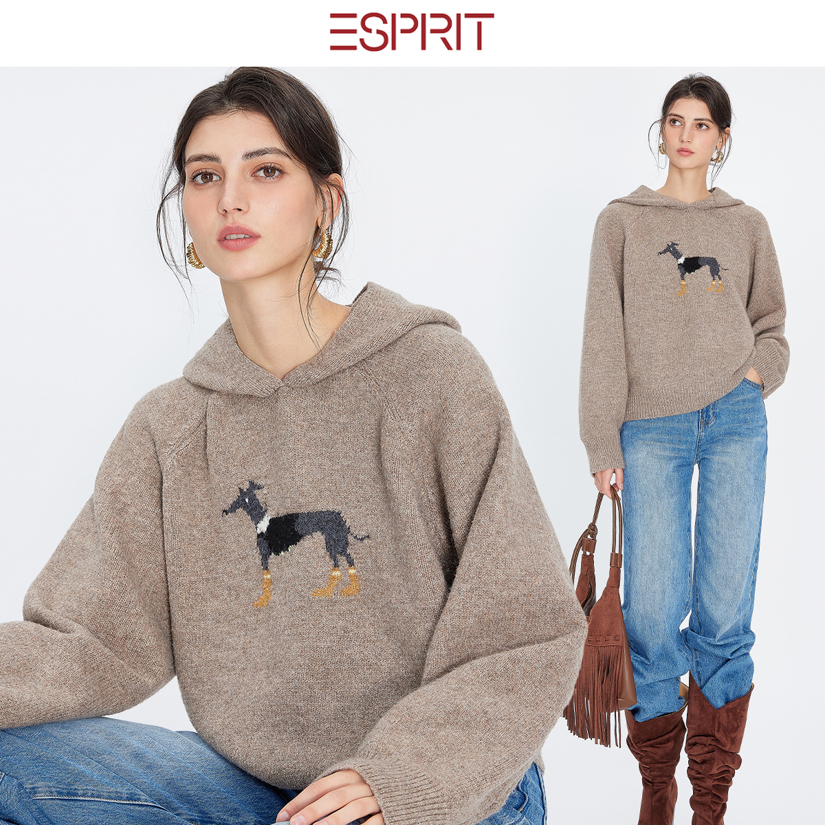 ESPRIT美式复古小狗提花羊绒套衫