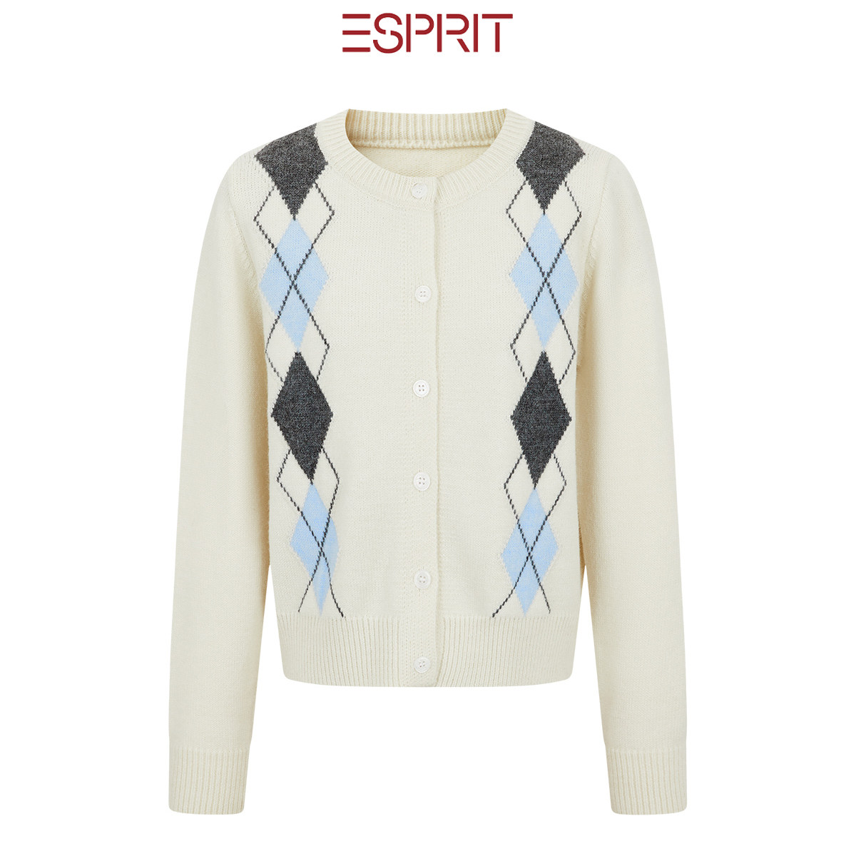 ESPRIT学院风菱形格纹针织开衫