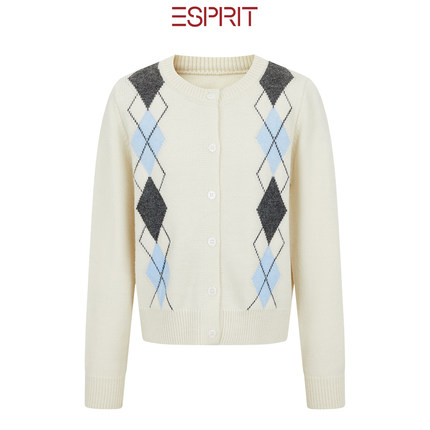 ESPRIT/埃斯普利特学院风菱形格纹针织开衫女复古纽扣毛衣外套