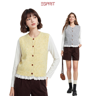 ESPRIT/埃斯普利特学院圆领针织马甲女蕾丝下摆叠穿背心开衫毛衣