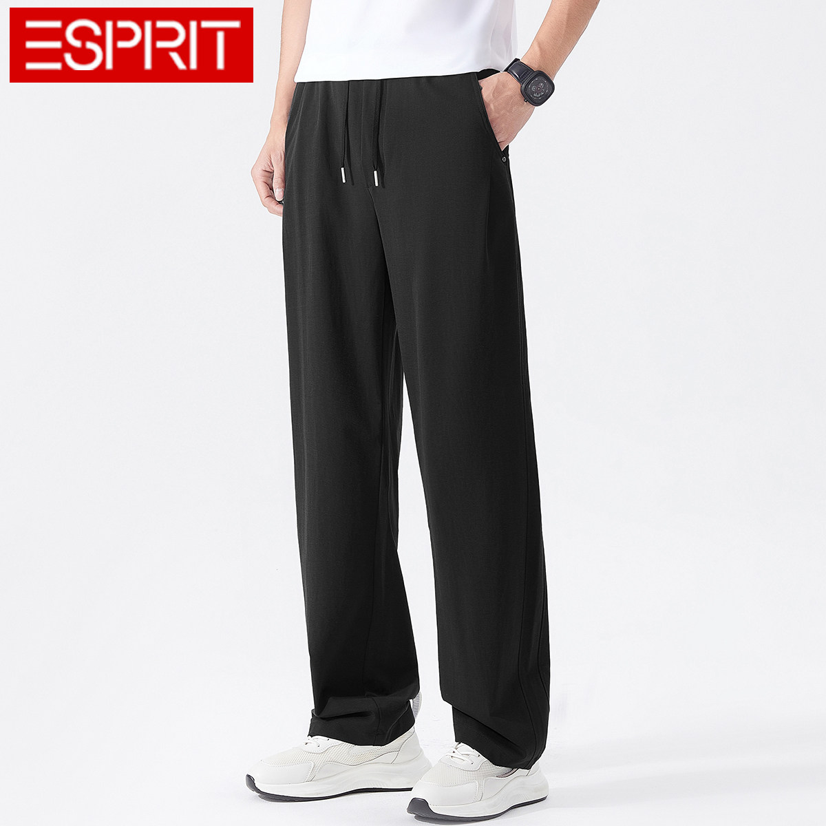 ESPRIT/埃斯普利特男士黑色直筒休闲裤抽绳垂坠感阔腿裤