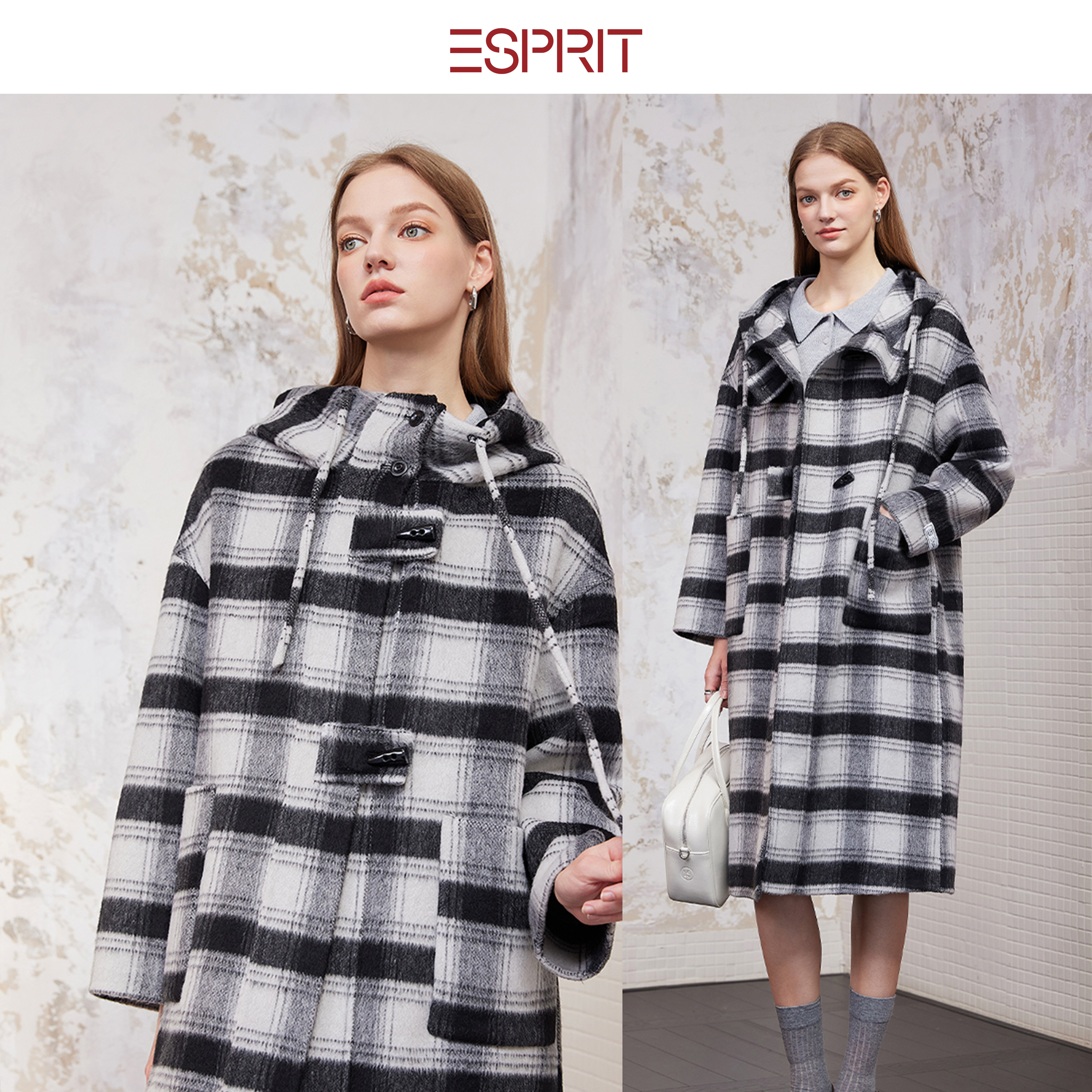 ESPRIT学院风格纹连帽毛呢外套