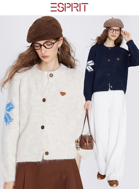 ESPRIT/埃斯普利特撞色牛角扣针织开衫女毛衣外套少女圆领纽扣衫