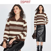 女慵懒风羊绒套衫 ESPRIT 埃斯普利特学院风条纹翻领拉链针织开衫
