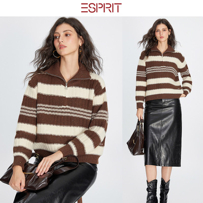 ESPRIT学院风条纹翻领羊绒套衫